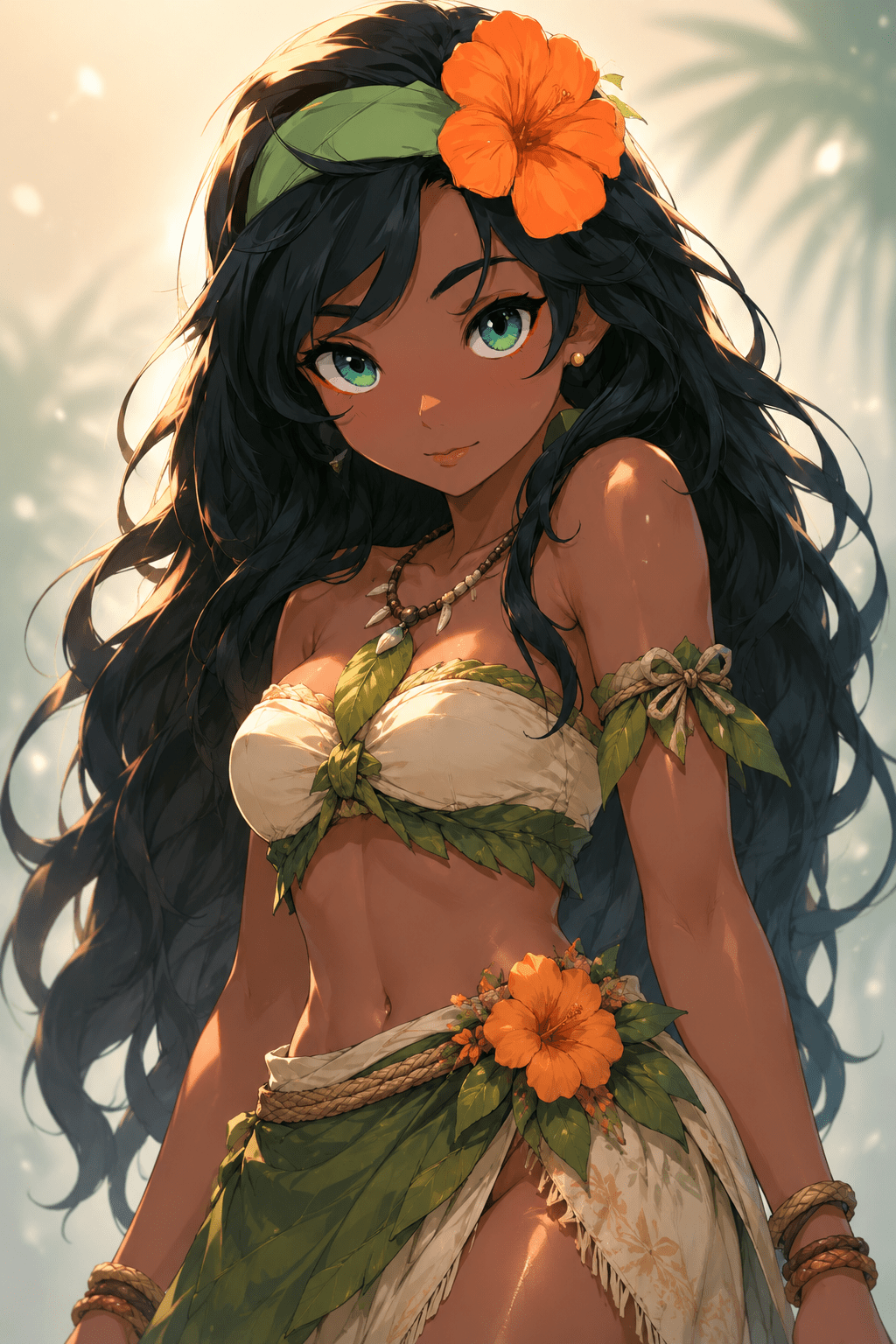 黑色長髮綠眼睛的熱帶花朵少女角色插畫