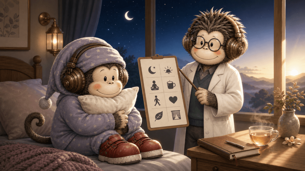 睡帽fu猴抱著枕頭坐在清晨窗邊，博士fu猴拿著睡眠系統排查板