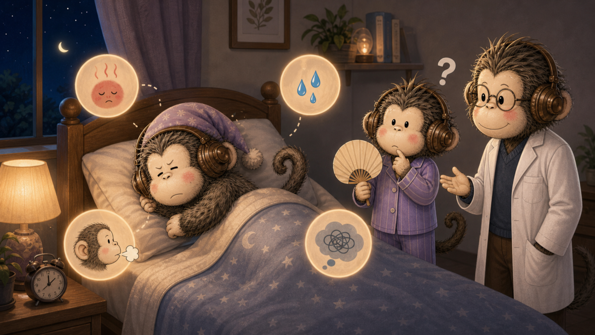 睡帽fu猴在夜間翻身，周圍浮現熱潮紅、盜汗、呼吸與焦慮等睡眠干擾圖示